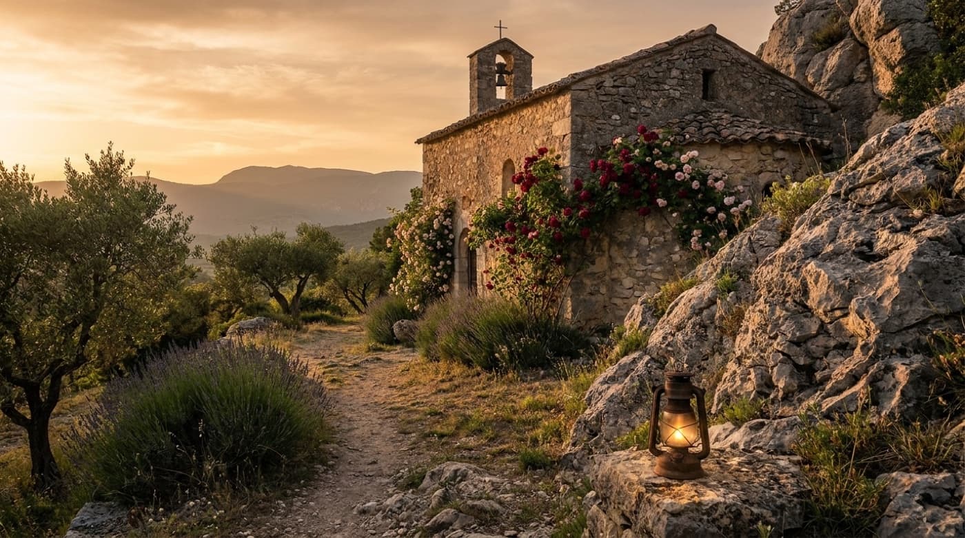A stone chapel on the Magdalene line in the south of France at sunset