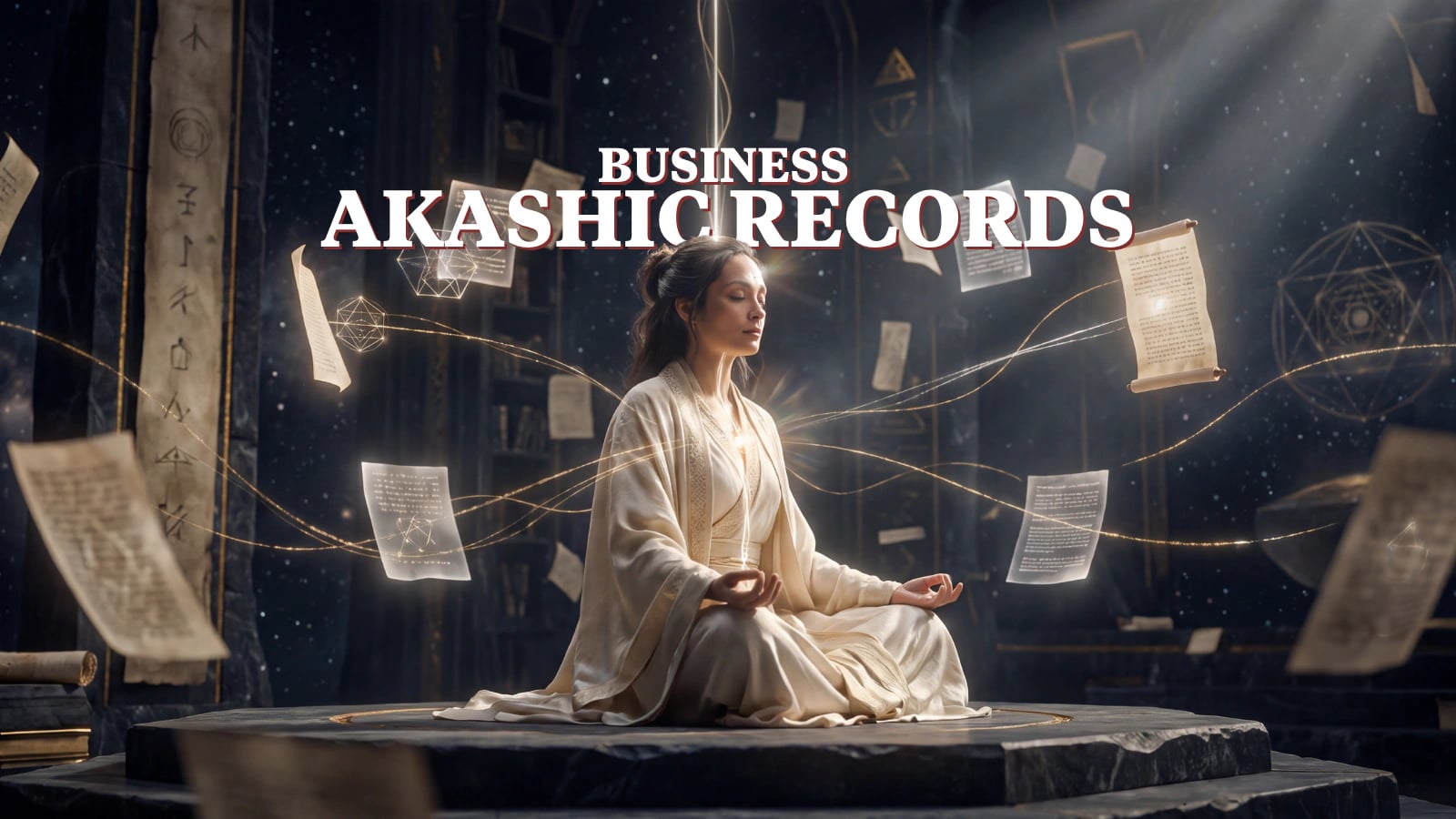 A reader in ivory robes meditating on a stone dais, scrolls of the business records floating around her