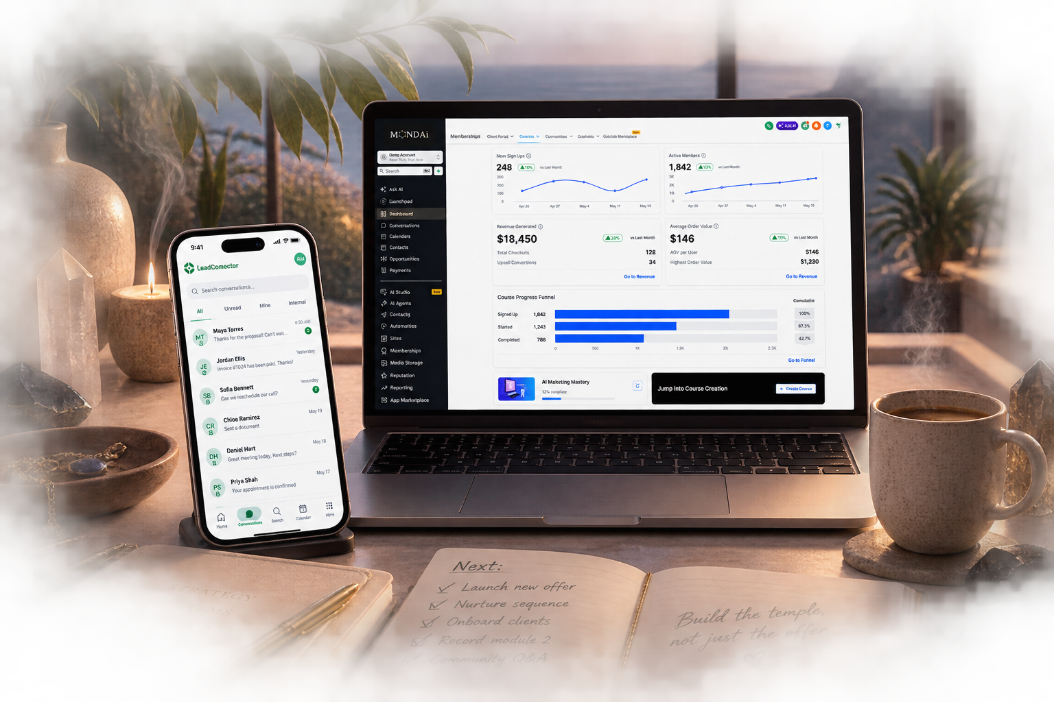The MONDAi dashboard open on a laptop at a warm desk, the mobile app beside it, with a journal reading build the temple, not just the offer