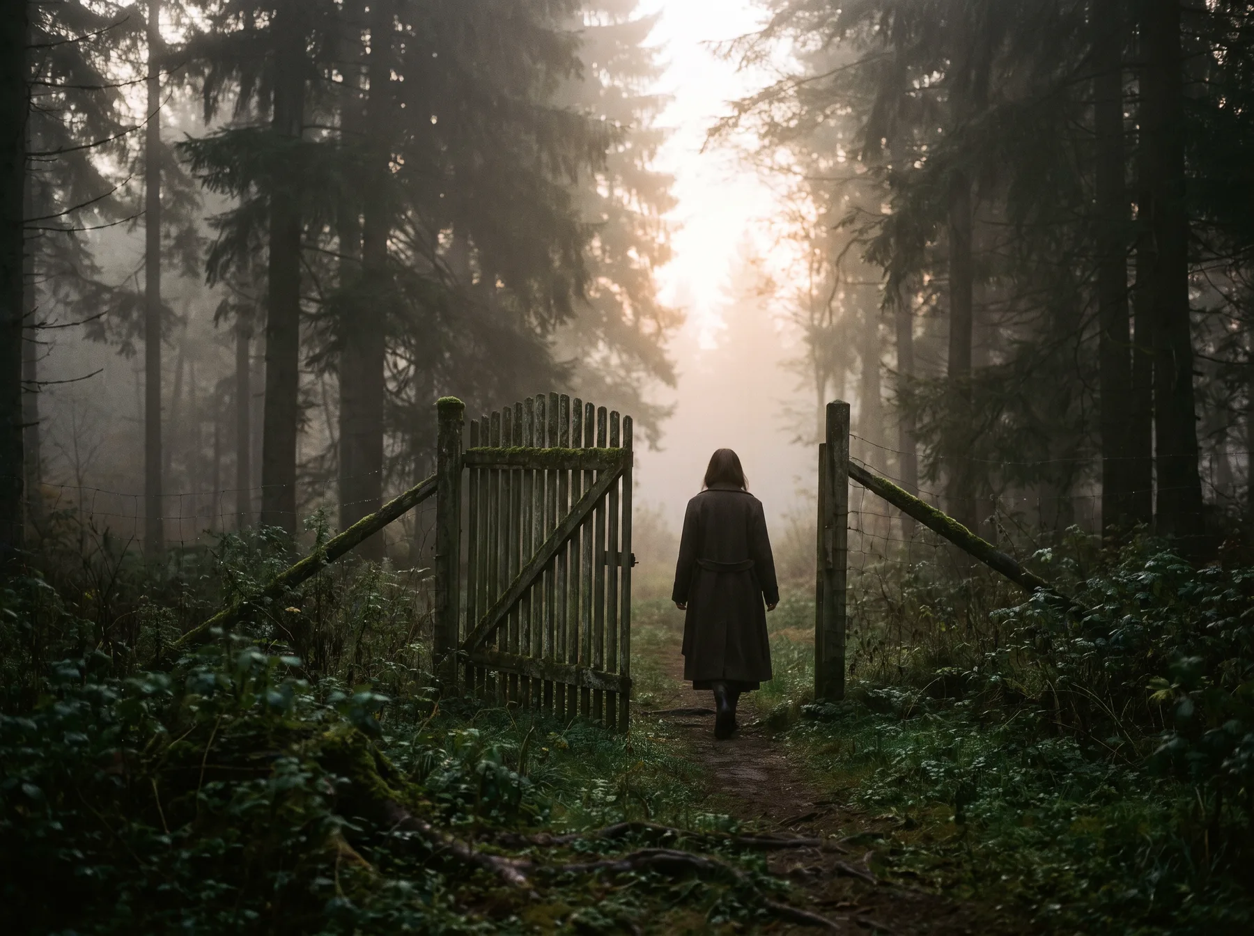 A figure walking through an open gate into a misty forest