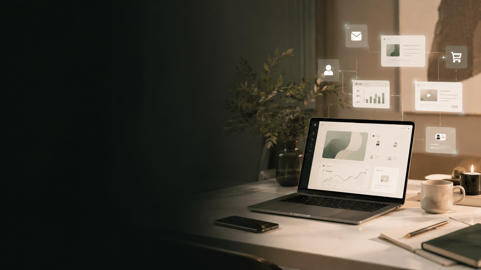 A laptop open on a warm desk at dusk showing a dashboard, with email, contact, checkout and course cards connected by thin lines floating above it