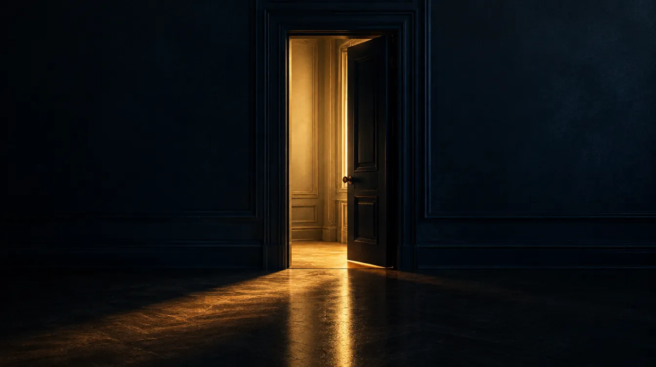 A door standing ajar in a dark navy room, warm light spilling across the floor
