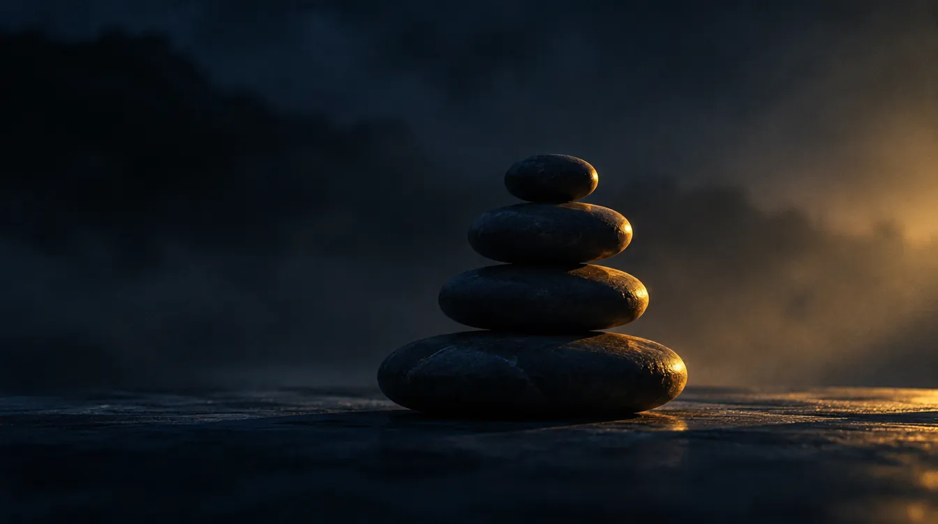 Four smooth stones stacked in balance on wet stone at dusk, lit from one side by gold light