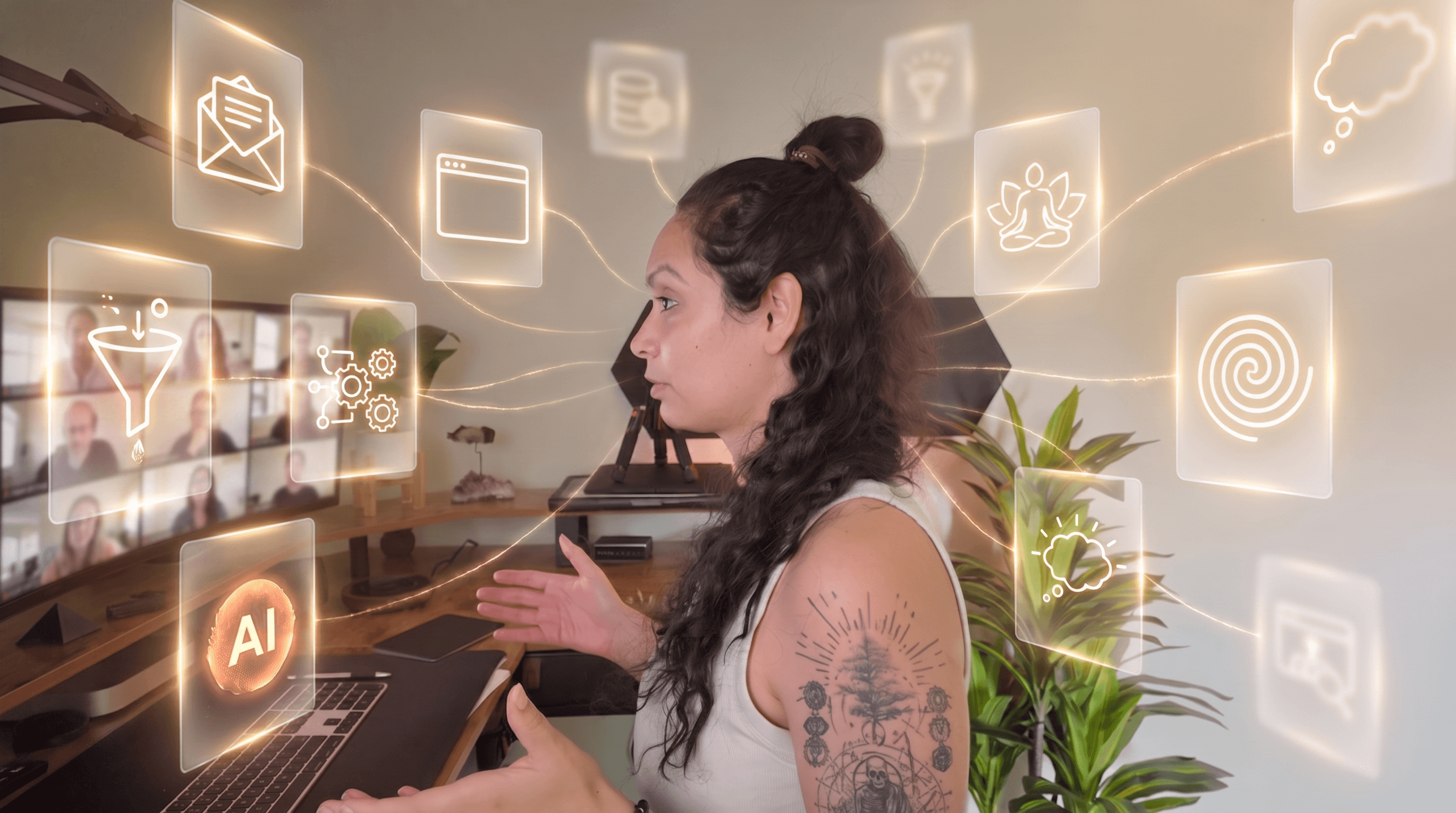 A creator leading a live video workshop, a gallery of participants on her screen and glowing panels for email, funnels, automations and ideas around her