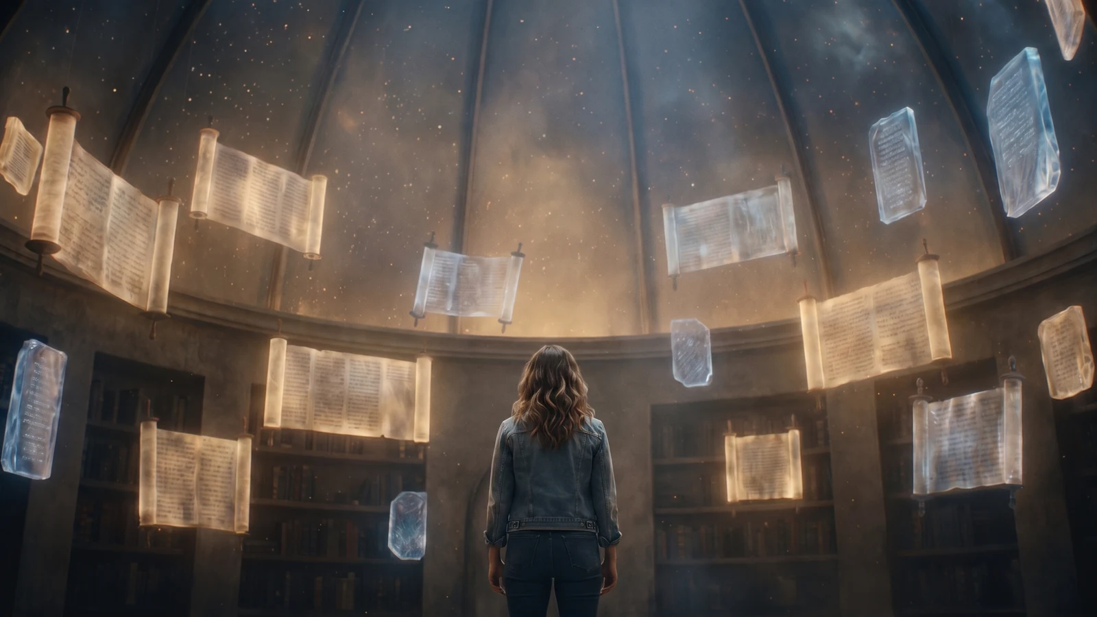 A woman standing beneath a domed celestial library, glowing scrolls of the Akashic Records suspended in the air around her