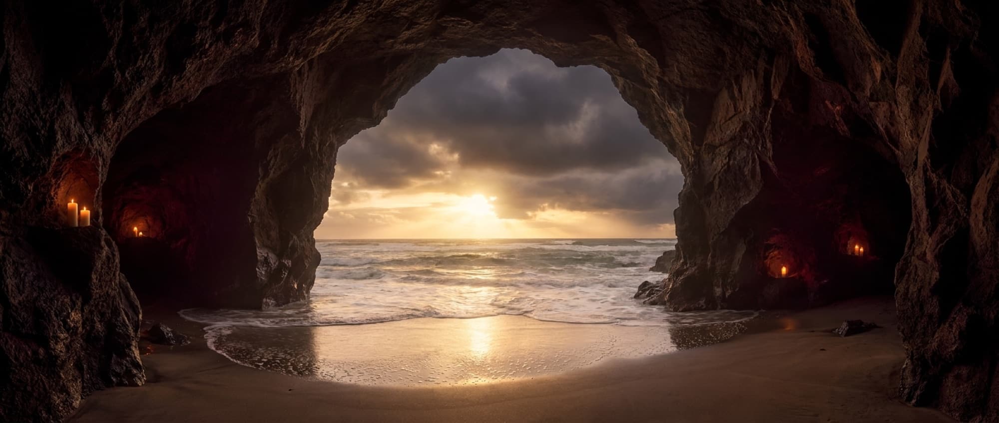 A sea cave opening onto the ocean at sunset